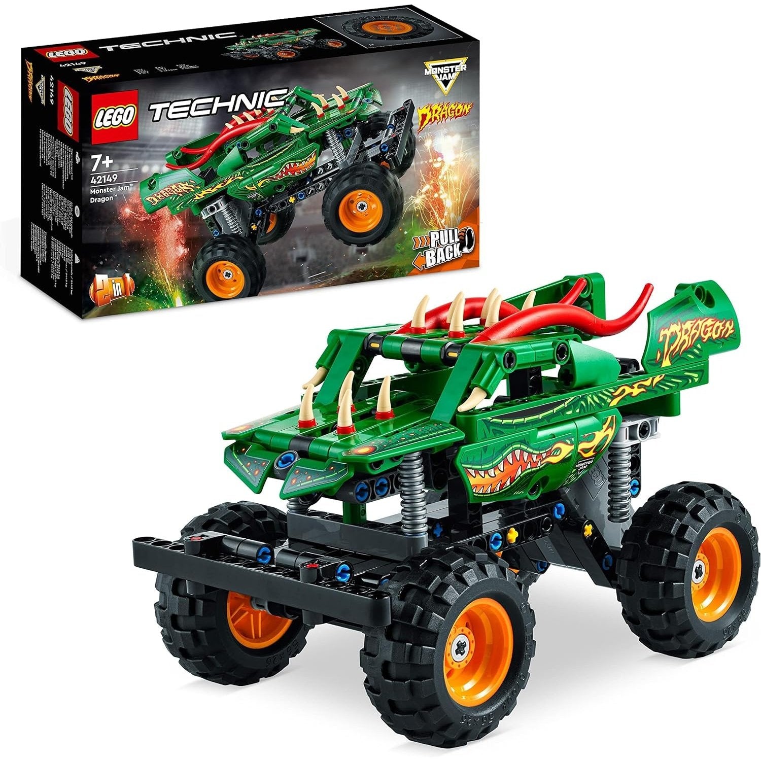 LEGO 42149 Technic Monster Jam Dragon Monster Truck Toy for Boys and Girls, 2in1 Racing Pull Back Car Toys for Off Road Stunts, Kids Birthday Gift Idea