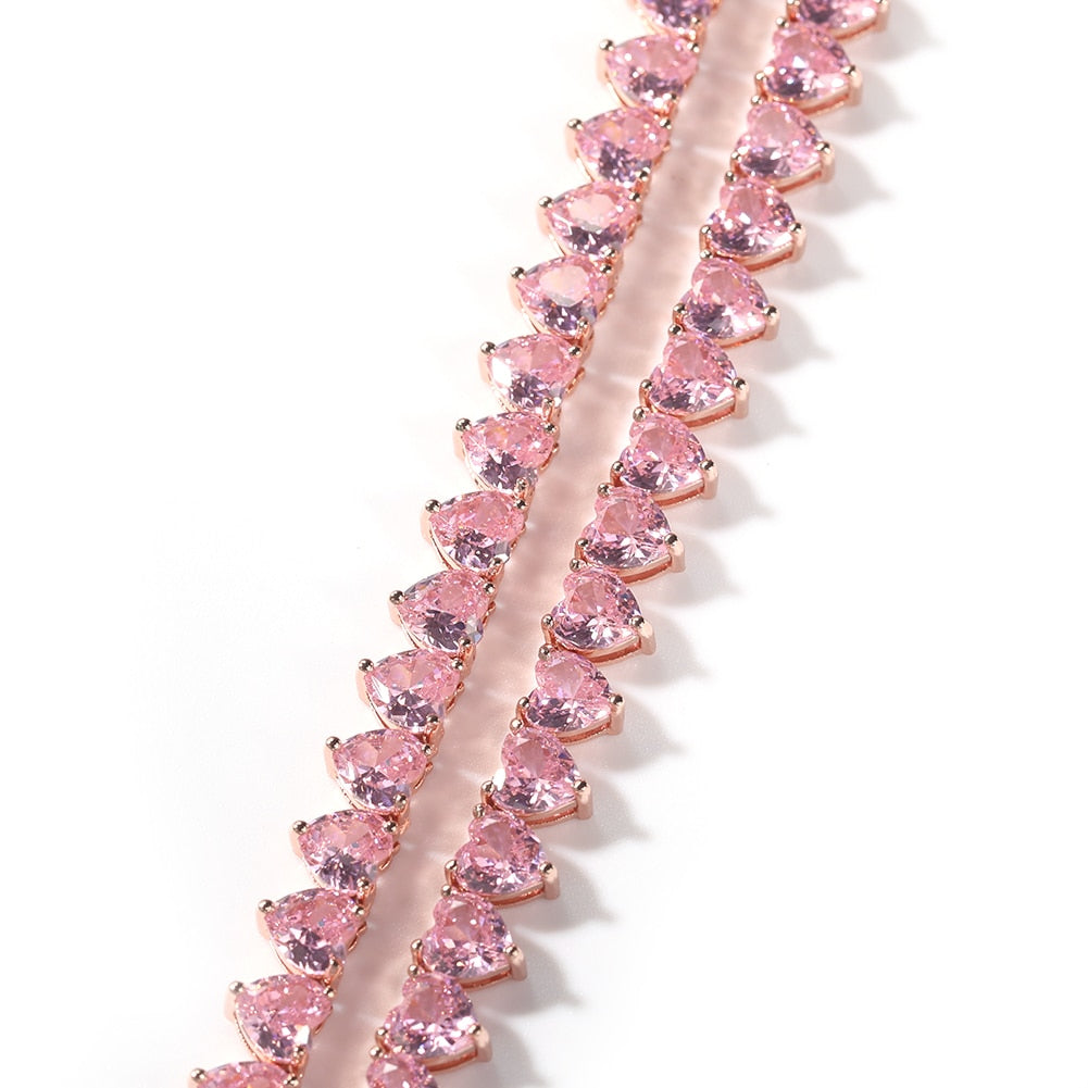 Vintage 7mm Heart Tennis Necklace For Women Cubic Zircon Iced Out Shiny Pnik Stones 3 Claw Chain Lovely Blingbling Jewelry Gift - Azbrowse