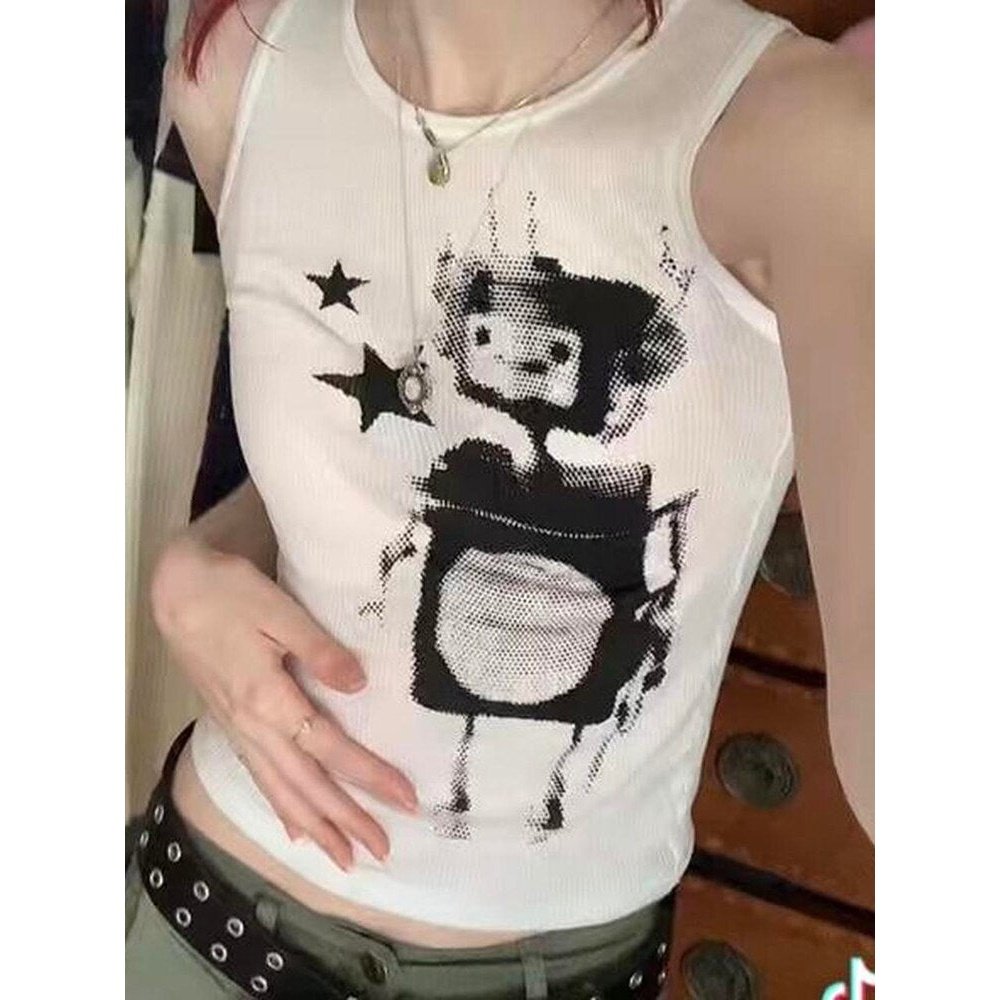 Rapcopter y2k Cartoon Print Knitted Mini Vest Sleeveless Star White Korean Vintage Camisloe Women Summer Basic Casual Sweats New