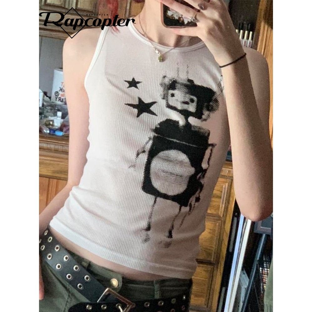 Rapcopter y2k Cartoon Print Knitted Mini Vest Sleeveless Star White Korean Vintage Camisloe Women Summer Basic Casual Sweats New