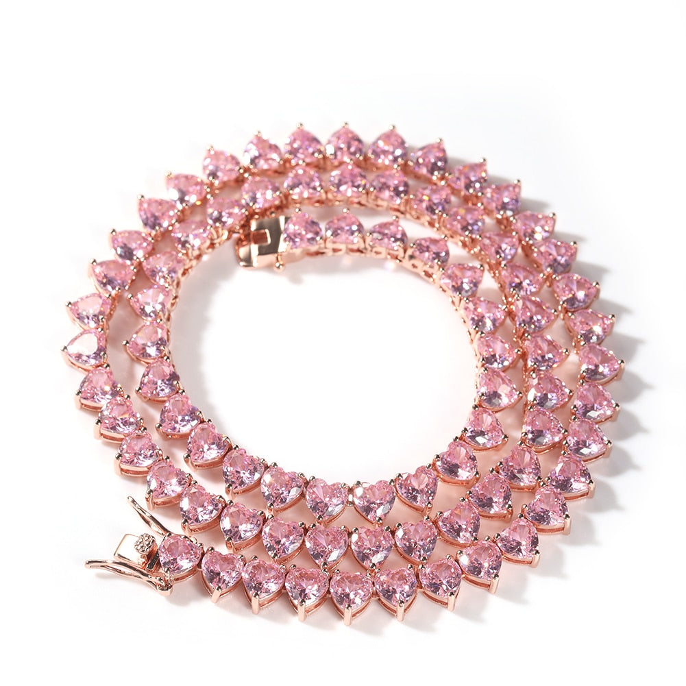 Vintage 7mm Heart Tennis Necklace For Women Cubic Zircon Iced Out Shiny Pnik Stones 3 Claw Chain Lovely Blingbling Jewelry Gift - Azbrowse