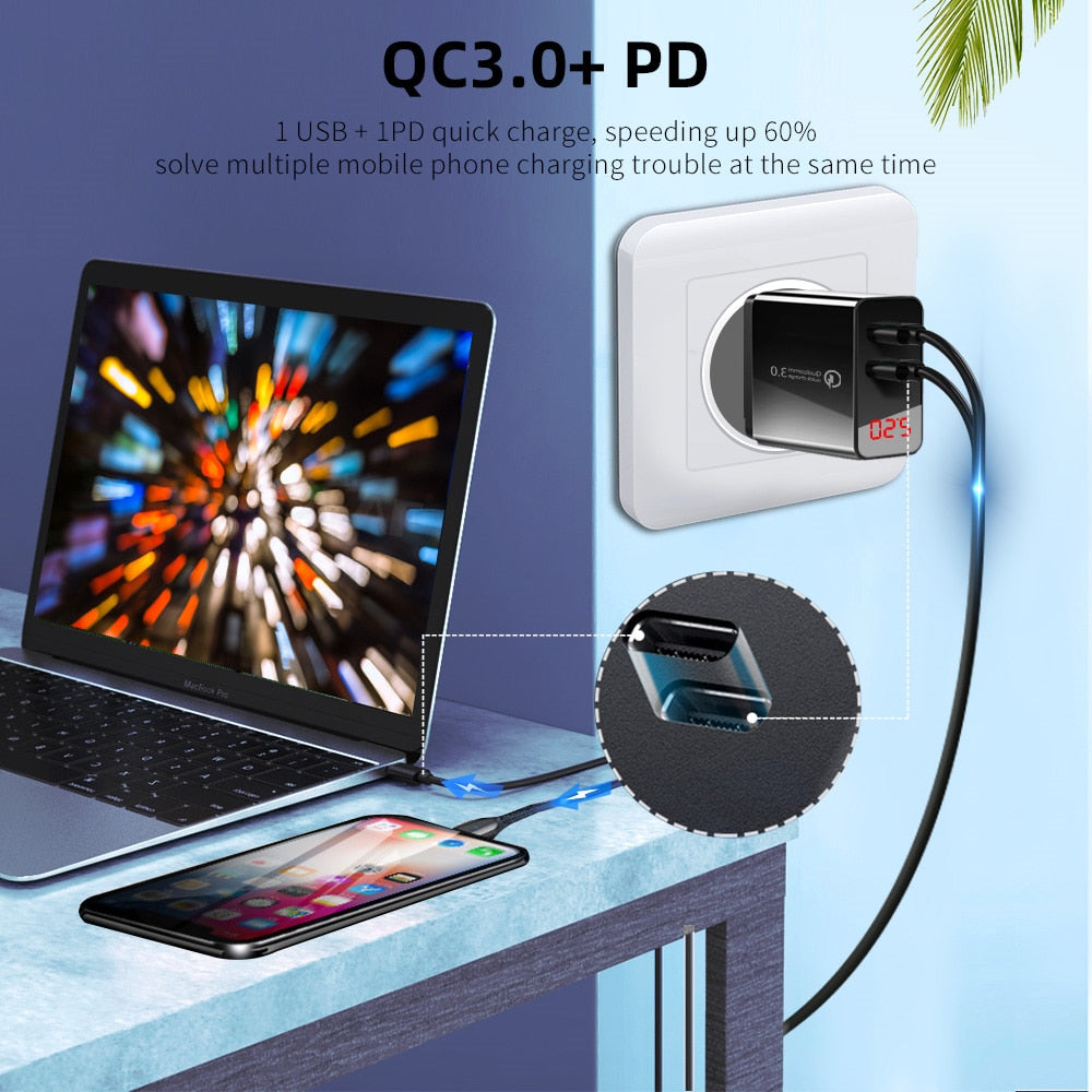 Olaf LED Display PD Fast Charger Type C USB Charger For iphone Samsung Xiaomi QC 3.0 Wall Adapter Phone Charging PD Chargers - Azbrowse