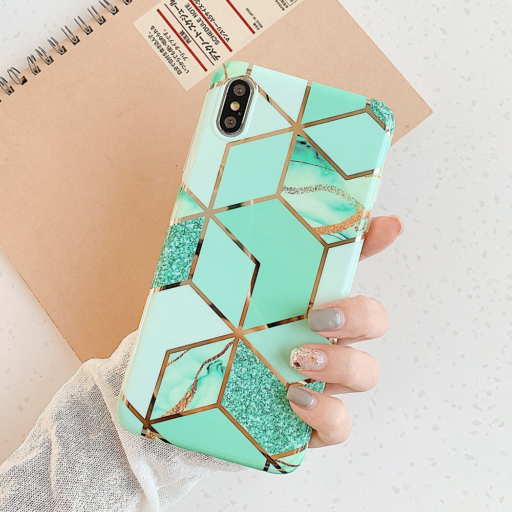 LOVECOM Geometric Marble Phone Cases For iPhone 13 12 Pro Max 11 14 Pro Max 14 Plus Coque Soft IMD Electroplated Back Bumper - Azbrowse