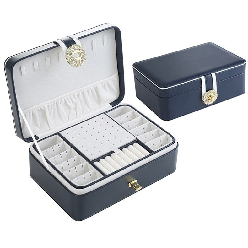 WE New Large Two Layer Jewelry Organizer Box with 56 Stud Jacks Smooth Leather Jewelry Storage Case Display Holder with Lock