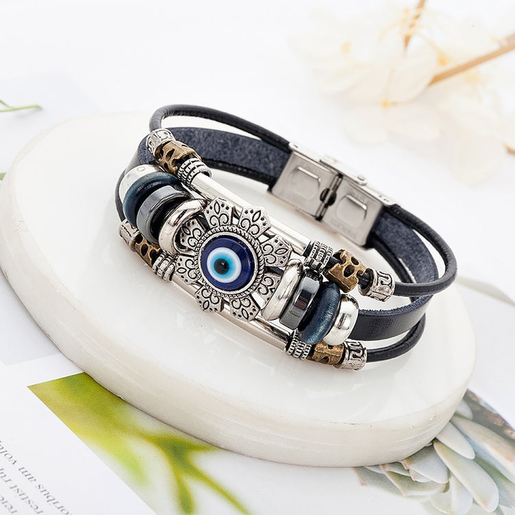 Punk Turkish Evil Eye Stainless Steel Bend Multilayer Leather Bracelet Man Woman Charm Flower Jewelry Bangle Bijouterie - Azbrowse