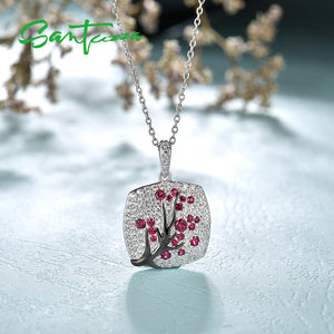 SANTUZZA 925 Sterling Silver Pendant For Women Sparkling Pink Green Cherry Tree Delicate Fashion подвеска кулон Fine Jewelry - Azbrowse