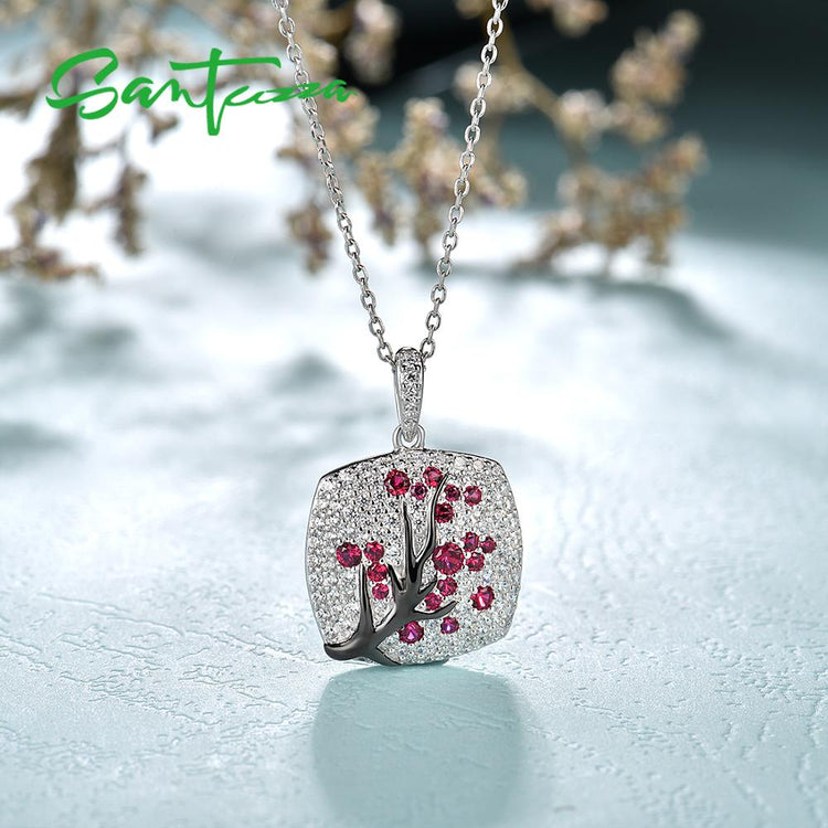 SANTUZZA 925 Sterling Silver Pendant For Women Sparkling Pink Green Cherry Tree Delicate Fashion подвеска кулон Fine Jewelry - Azbrowse