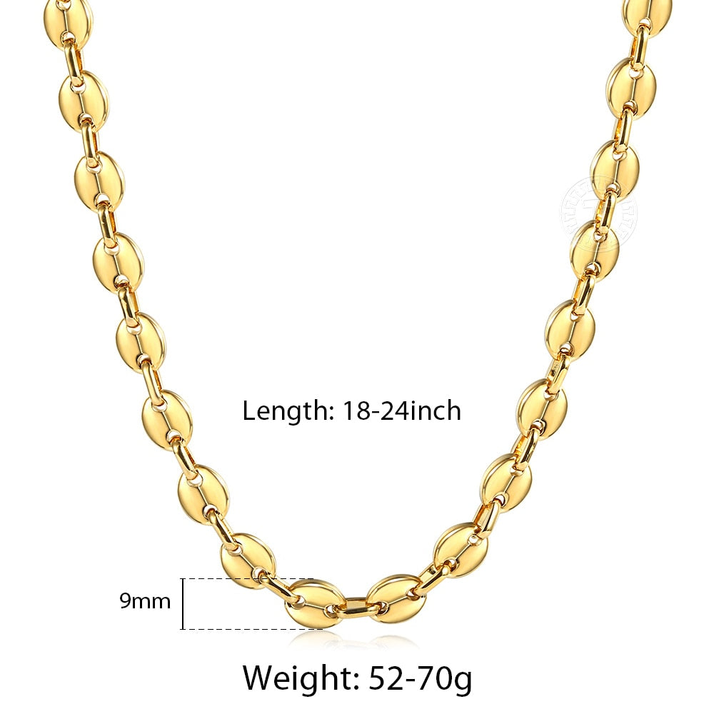 Coffee Beans Link Chain 7/9/11MM Necklace Gold Color Silver Color Stainless Steel Men Women Geometric Rope  Jewelry Wholesale - Azbrowse