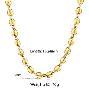 Coffee Beans Link Chain 7/9/11MM Necklace Gold Color Silver Color Stainless Steel Men Women Geometric Rope  Jewelry Wholesale - Azbrowse