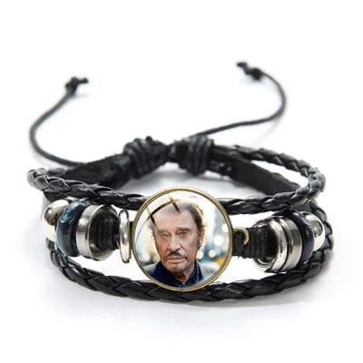 Rock Star Johnny Hallyday Souvenir Bracelets Hand Craft Punk Black Leather Bracelets Jewelry for Men Women Concert Gifts - Azbrowse