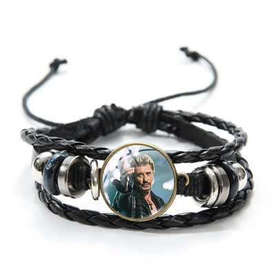 Rock Star Johnny Hallyday Souvenir Bracelets Hand Craft Punk Black Leather Bracelets Jewelry for Men Women Concert Gifts - Azbrowse