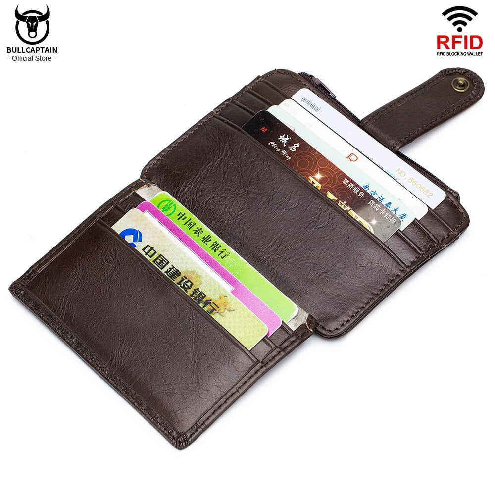 BULLCAPTAIN Genuine Leather RFID Blocking Zipper Card Holder Credit Cart Wallet Mini Slim Wallet Card & Id Holders Man Business - Azbrowse