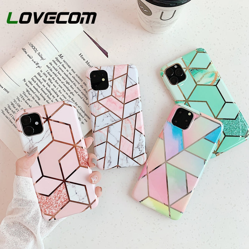 LOVECOM Geometric Marble Phone Cases For iPhone 13 12 Pro Max 11 14 Pro Max 14 Plus Coque Soft IMD Electroplated Back Bumper - Azbrowse