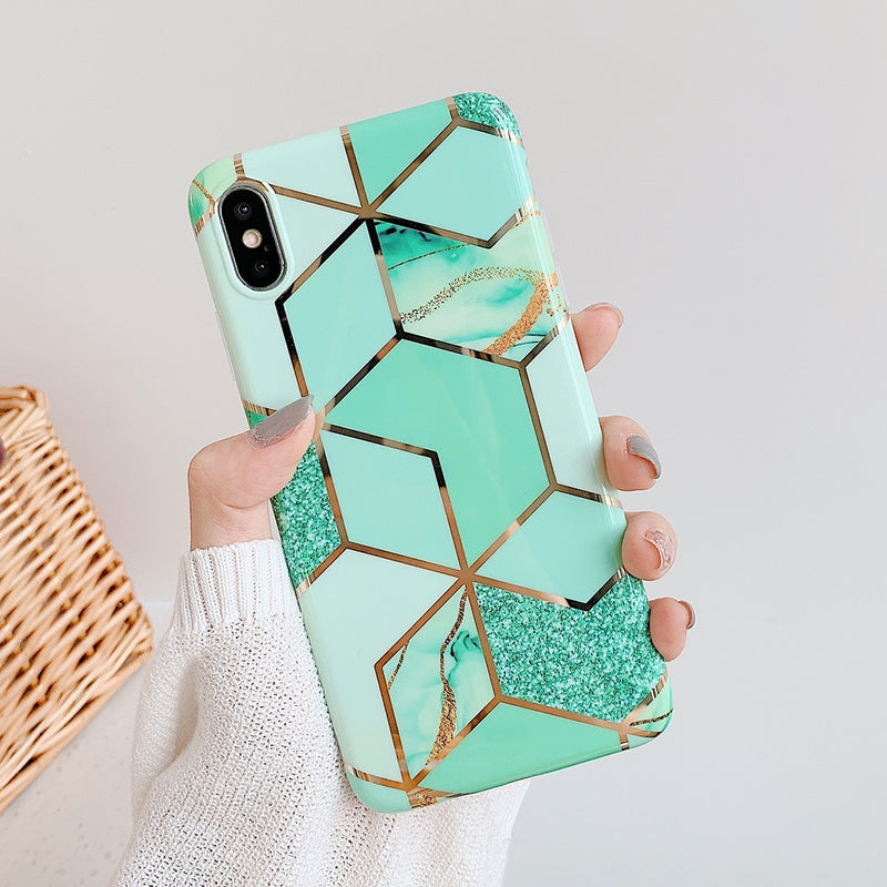 LOVECOM Geometric Marble Phone Cases For iPhone 13 12 Pro Max 11 14 Pro Max 14 Plus Coque Soft IMD Electroplated Back Bumper - Azbrowse