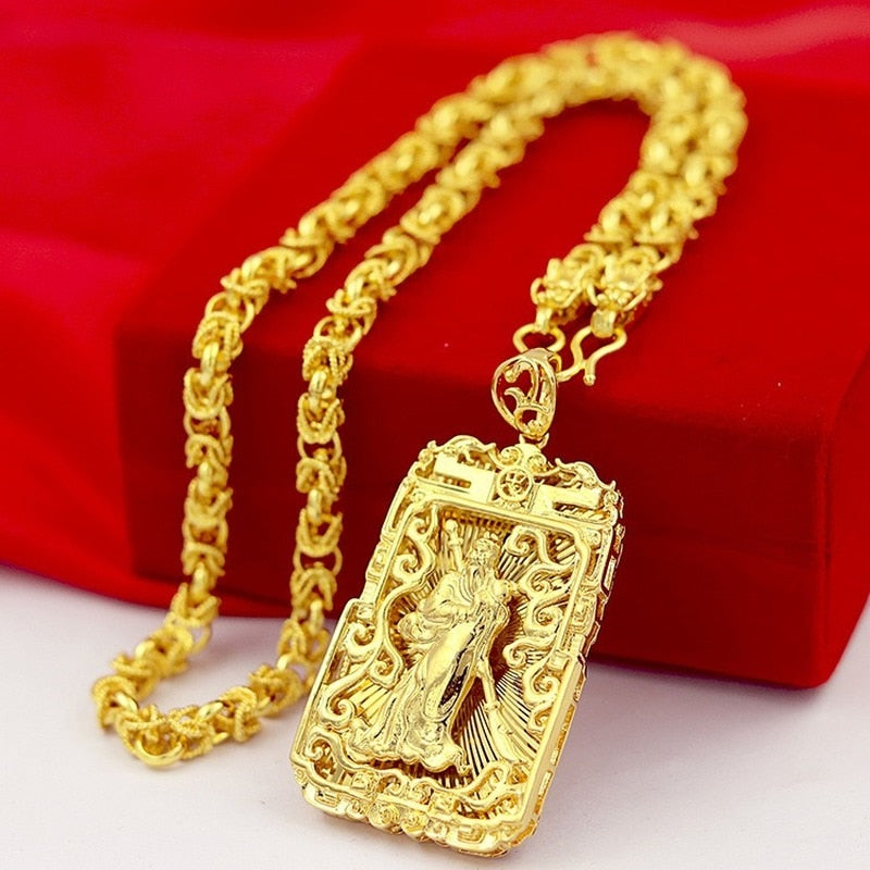 Sqaure Brand Pendant Necklace for Men Yellow Gold Color Trendy Dubai Link Chain Neck Collar for Wedding Jewelry Birthday Gifts