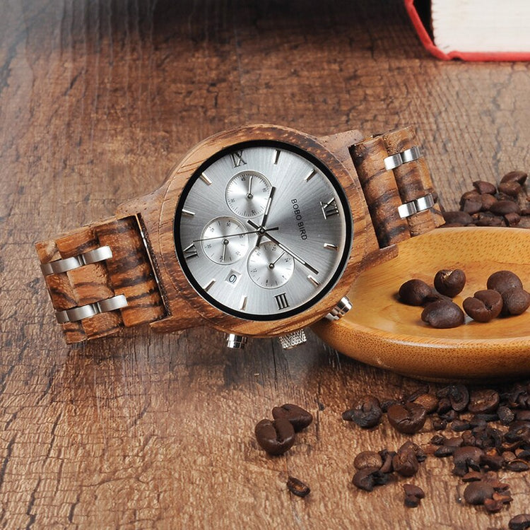 BOBO BIRD P19 Wooden Mens Quartz Watches Date Display Business Watch Man Ebony Zebrawood Options Valentines Christmas Gift - Azbrowse