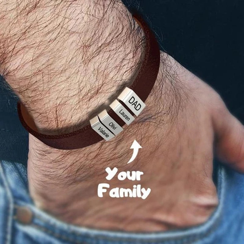 PolishedPlus Customized leather bracelet  for men  stainless steel Engrave Family Name  Id Tag For Dad Father's Day Gift