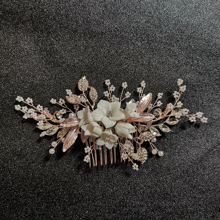White Flower Rhinestone Pearl Hair Comb Bridal Hair Accessories Elegant Wedding Hair Comb Women Head Ornaments Headband - Azbrowse