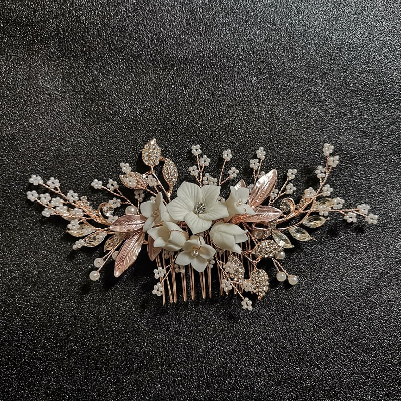 White Flower Rhinestone Pearl Hair Comb Bridal Hair Accessories Elegant Wedding Hair Comb Women Head Ornaments Headband - Azbrowse