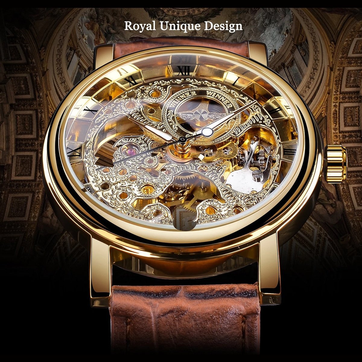 Winner Transparent Golden Case Luxury Casual Design Brown Leather Strap Mens Watches Top Brand Luxury Mechanical Skeleton Watch