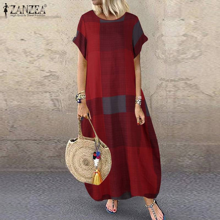 ZANZEA Bohemian Polka Dot Printed Long Dress 2023 Women's Summer Sundress Casual Short Sleeve Plaid Party Vestido Robe - Azbrowse
