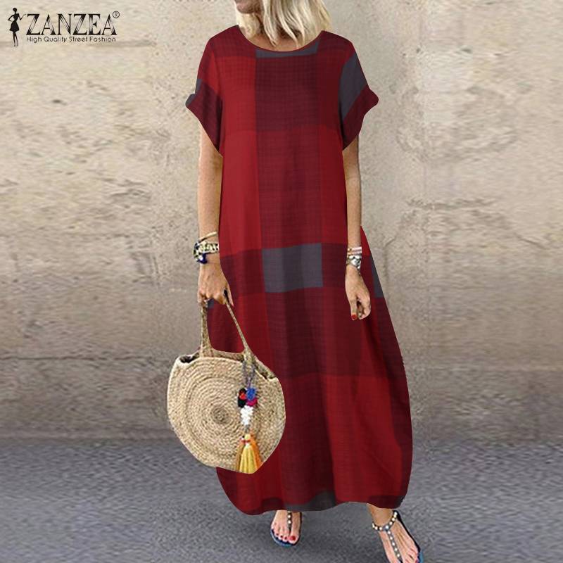 ZANZEA Bohemian Polka Dot Printed Long Dress 2023 Women's Summer Sundress Casual Short Sleeve Plaid Party Vestido Robe - Azbrowse