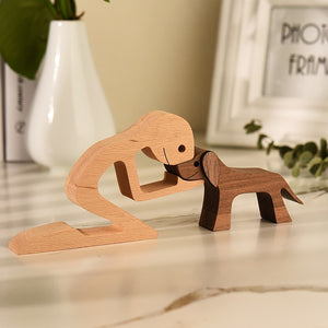Family Puppy Wood Dog Craft Figurine Desktop Table Ornament Carving Model Home Office Decoration Pet Sculpture Christmas Gift - Azbrowse