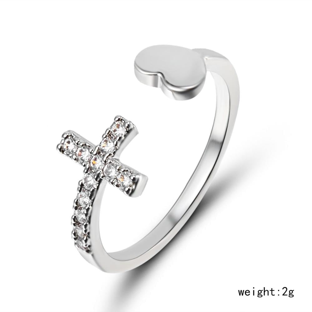 1PC Silver Color Alloy Rhinestone Cross Ring Geometric Heart Adjustable Opening Rings For Women Fashion Jewelry Gift - Azbrowse