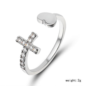 1PC Silver Color Alloy Rhinestone Cross Ring Geometric Heart Adjustable Opening Rings For Women Fashion Jewelry Gift - Azbrowse