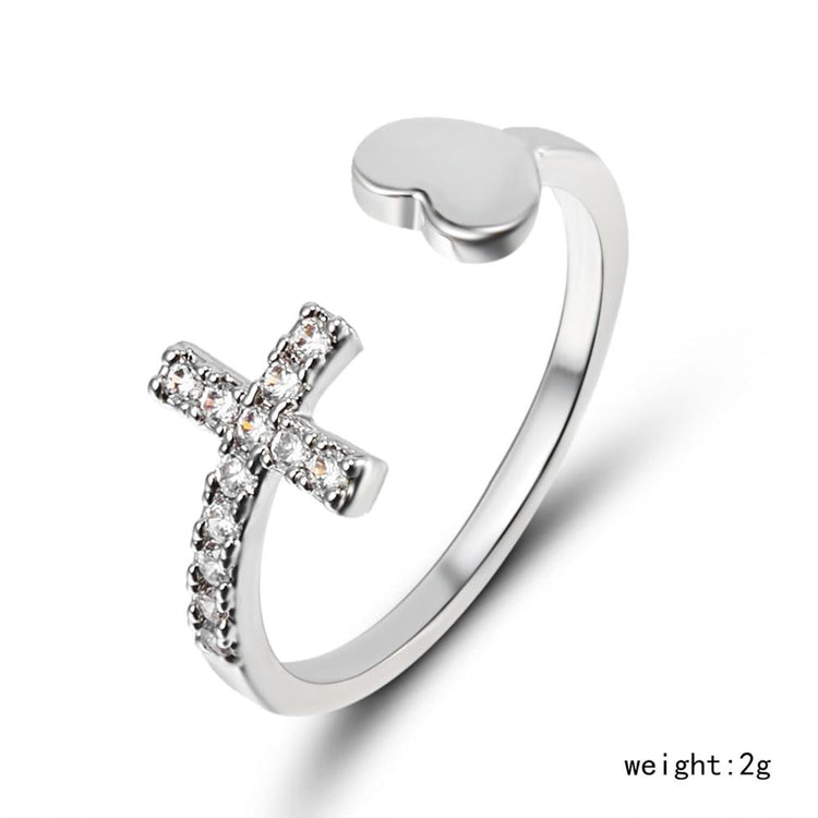 1PC Silver Color Alloy Rhinestone Cross Ring Geometric Heart Adjustable Opening Rings For Women Fashion Jewelry Gift - Azbrowse