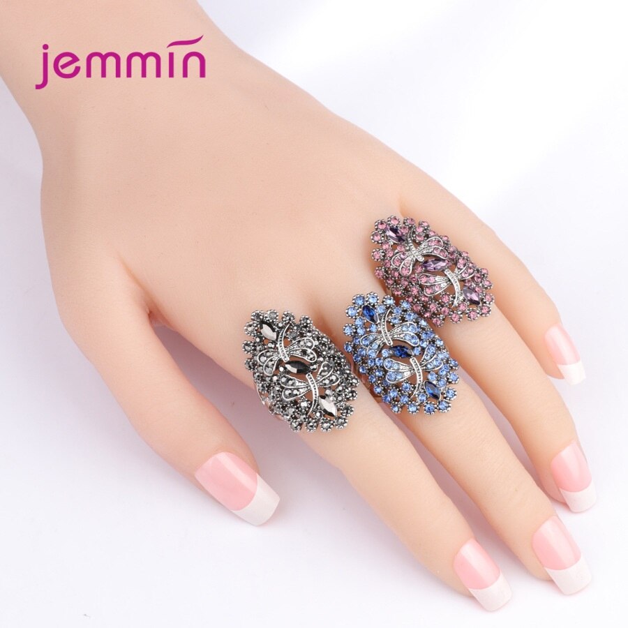 Full Rhinestone Women Classic 925 Sterling Silver Dragonfly Rings For Women Women Fine Jewelry Wholesale Party Gift - Azbrowse