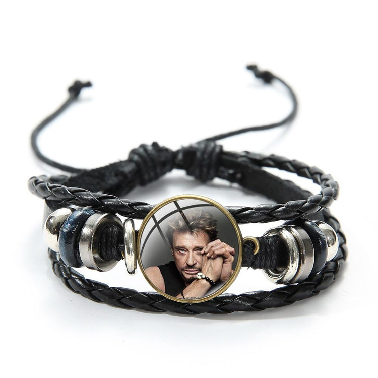 Rock Star Johnny Hallyday Souvenir Bracelets Hand Craft Punk Black Leather Bracelets Jewelry for Men Women Concert Gifts - Azbrowse