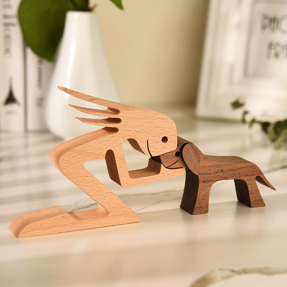 Family Puppy Wood Dog Craft Figurine Desktop Table Ornament Carving Model Home Office Decoration Pet Sculpture Christmas Gift - Azbrowse