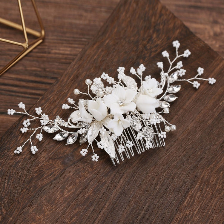 White Flower Rhinestone Pearl Hair Comb Bridal Hair Accessories Elegant Wedding Hair Comb Women Head Ornaments Headband - Azbrowse