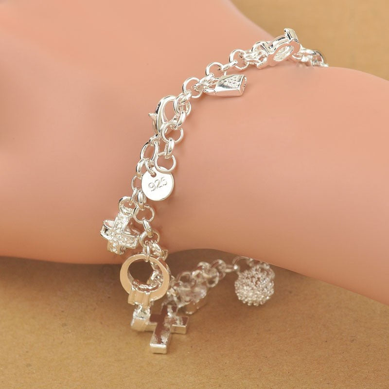 Exquisite Top Quality 100% 925 Sterling Silver Charm Pendants Woman Bracelet,Nice Cross Moon Heart Clock  Pendant Jewelry
