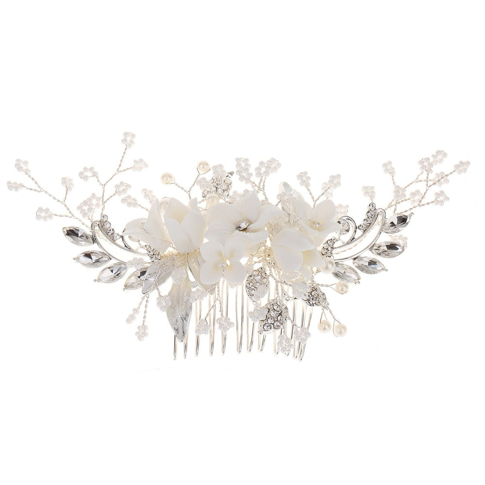 White Flower Rhinestone Pearl Hair Comb Bridal Hair Accessories Elegant Wedding Hair Comb Women Head Ornaments Headband - Azbrowse