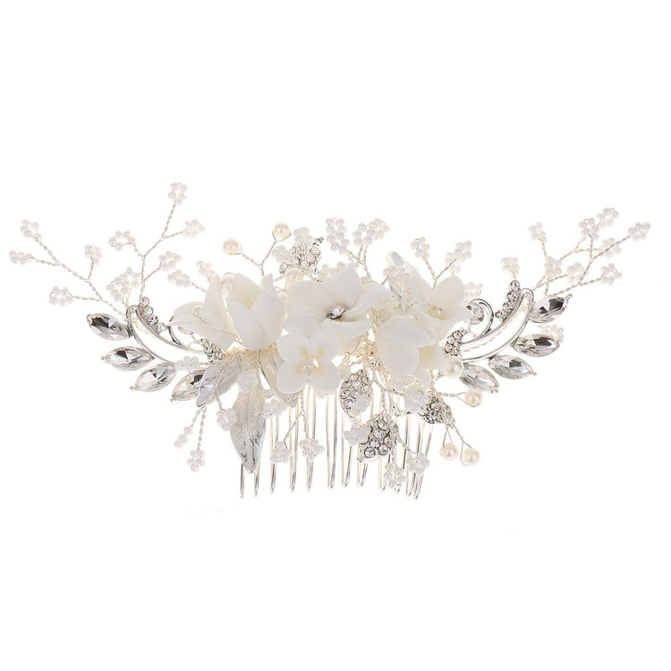White Flower Rhinestone Pearl Hair Comb Bridal Hair Accessories Elegant Wedding Hair Comb Women Head Ornaments Headband - Azbrowse