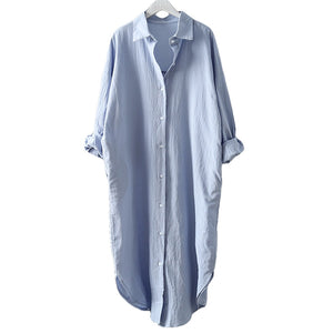 Cotton Women Blouse Shirt Dress Beach Vacation New Linen Cottons Casual Plus Size Womans Long Section Shirt White/Blue - Azbrowse