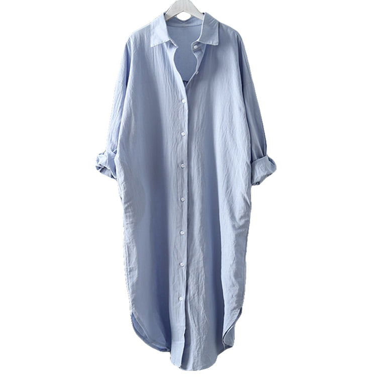 Cotton Women Blouse Shirt Dress Beach Vacation New Linen Cottons Casual Plus Size Womans Long Section Shirt White/Blue - Azbrowse