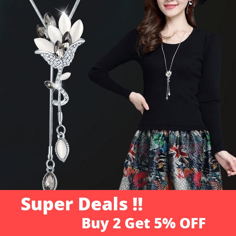 Meyfflin Collier Femme Flower Crystal Long Necklaces & Pendants Vintage Chain Opal Leaf Maxi Necklace Fashion Jewelry For Women