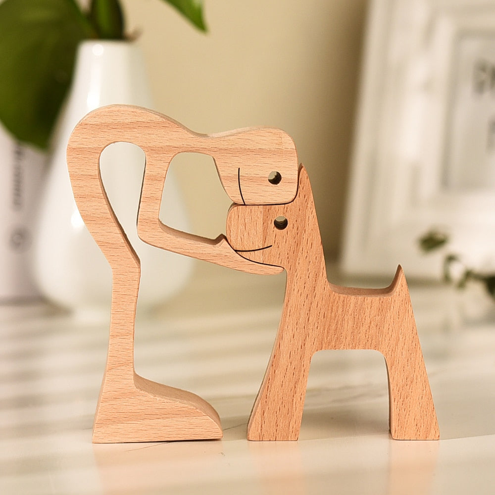 Family Puppy Wood Dog Craft Figurine Desktop Table Ornament Carving Model Home Office Decoration Pet Sculpture Christmas Gift - Azbrowse
