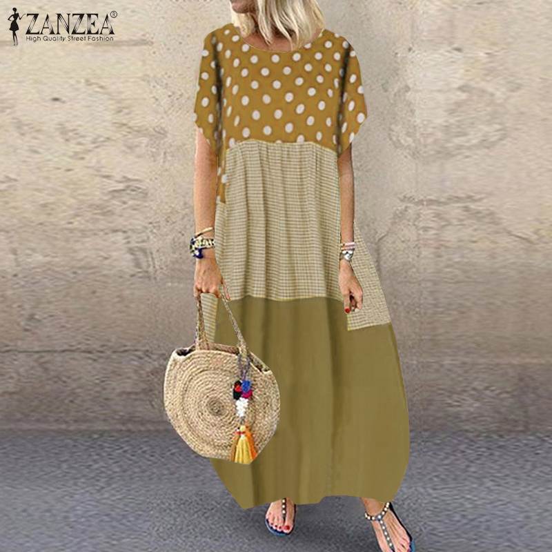 ZANZEA Bohemian Polka Dot Printed Long Dress 2023 Women's Summer Sundress Casual Short Sleeve Plaid Party Vestido Robe - Azbrowse