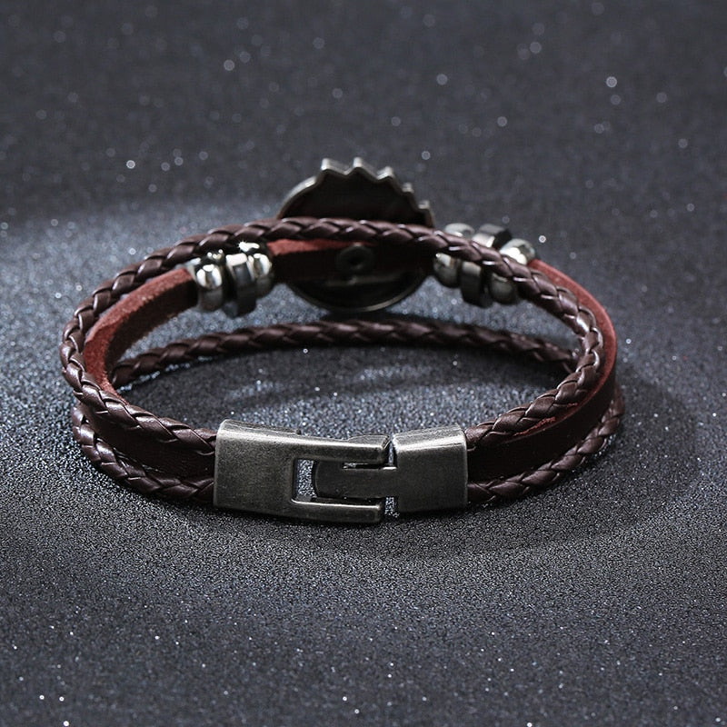 POKER BROWN LEATHER CUFF BRACELET MEN'S MULTILAYER WRAP WRISTBAND FRIENDSHIP VINTAGE BIKER PLAYING CARD POKER BANGLE MEN JEWELRY - Azbrowse