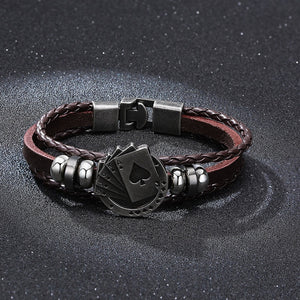 POKER BROWN LEATHER CUFF BRACELET MEN'S MULTILAYER WRAP WRISTBAND FRIENDSHIP VINTAGE BIKER PLAYING CARD POKER BANGLE MEN JEWELRY - Azbrowse