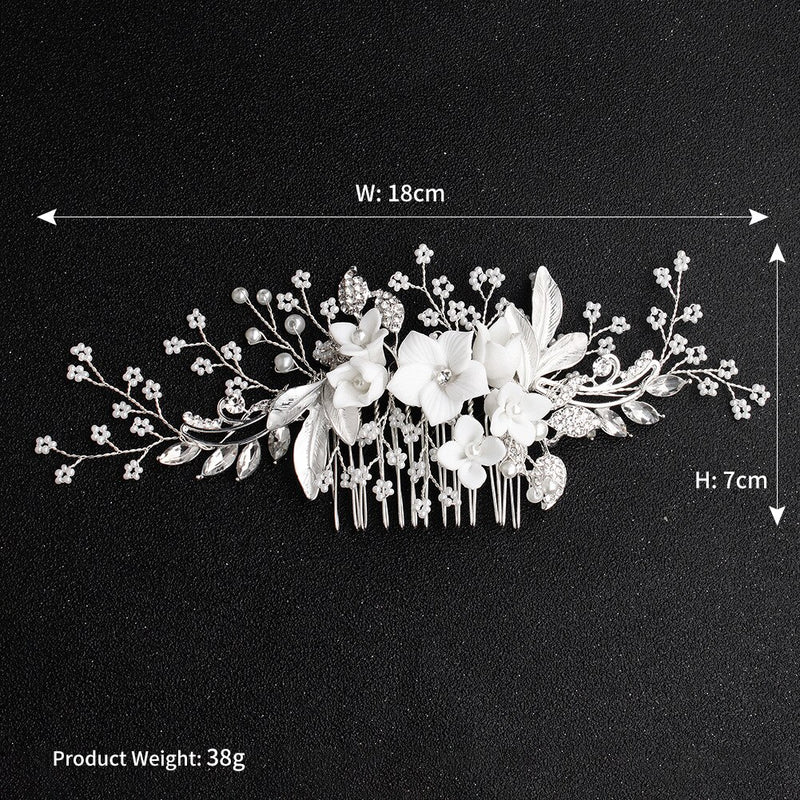 White Flower Rhinestone Pearl Hair Comb Bridal Hair Accessories Elegant Wedding Hair Comb Women Head Ornaments Headband - Azbrowse