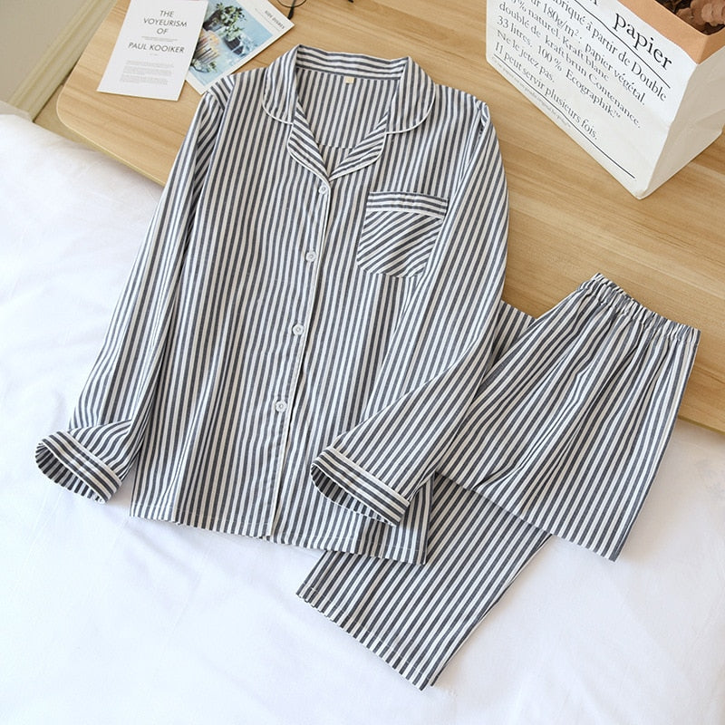 2023Spring And Summer New Couple Vertical Stripes Pajamas Two-piece 100% Cotton Long-sleeved Men's Simple Casual Home Wear Women