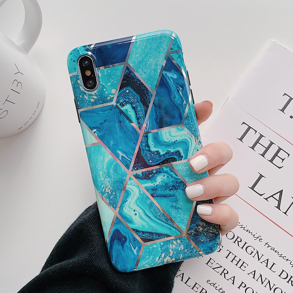 LOVECOM Geometric Marble Phone Cases For iPhone 13 12 Pro Max 11 14 Pro Max 14 Plus Coque Soft IMD Electroplated Back Bumper - Azbrowse