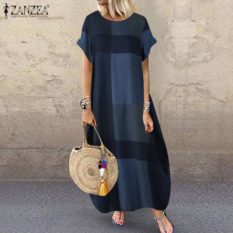 ZANZEA Bohemian Polka Dot Printed Long Dress 2023 Women's Summer Sundress Casual Short Sleeve Plaid Party Vestido Robe - Azbrowse