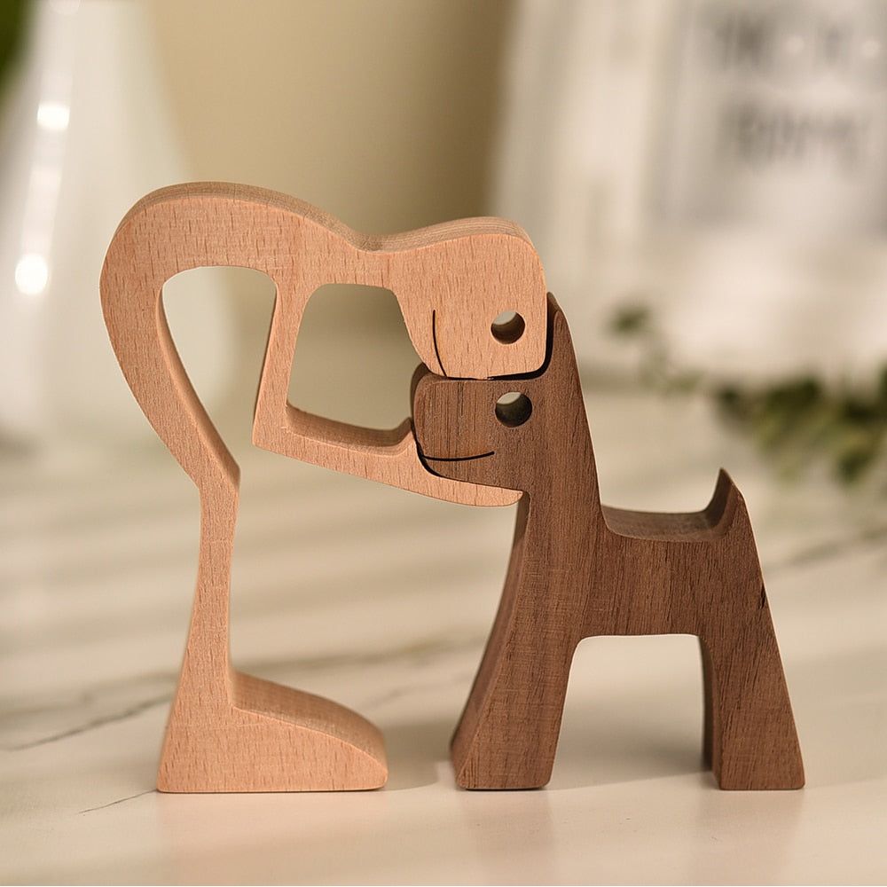 Family Puppy Wood Dog Craft Figurine Desktop Table Ornament Carving Model Home Office Decoration Pet Sculpture Christmas Gift - Azbrowse