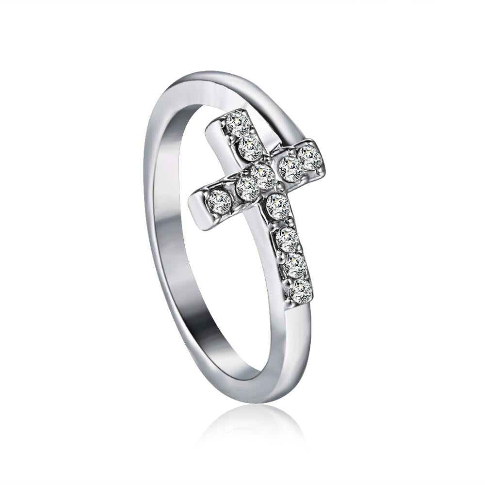 1PC Silver Color Alloy Rhinestone Cross Ring Geometric Heart Adjustable Opening Rings For Women Fashion Jewelry Gift - Azbrowse